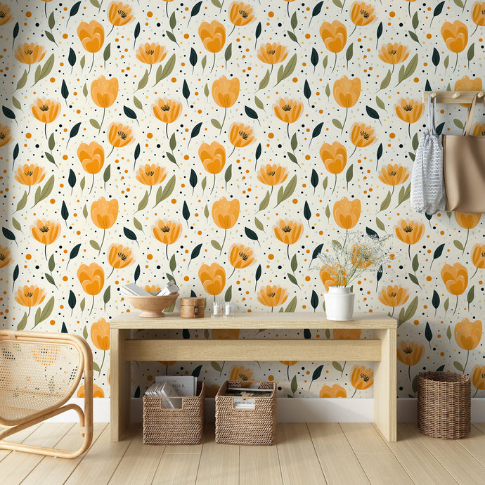 Yellow Tulip Pattern Peel and Stick Wallpaper