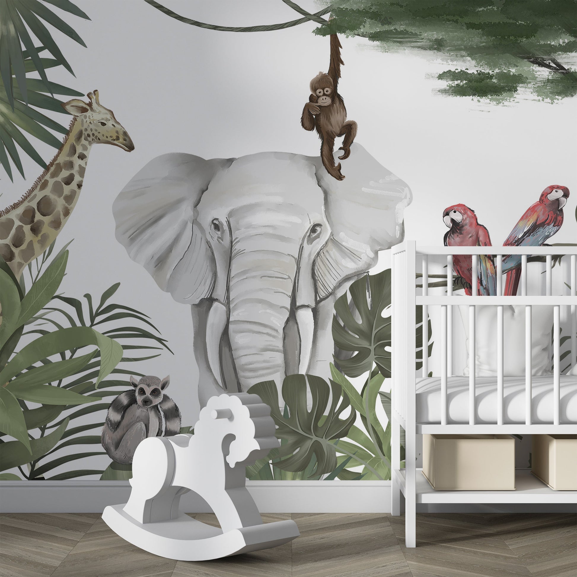 Kids Room Wall Mural showcasing Giraffe and Elephant Safari Scene