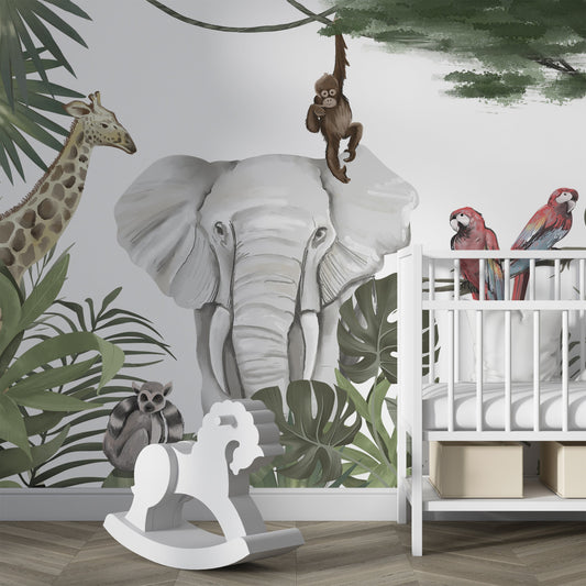 Kids Room Wall Mural showcasing Giraffe and Elephant Safari Scene