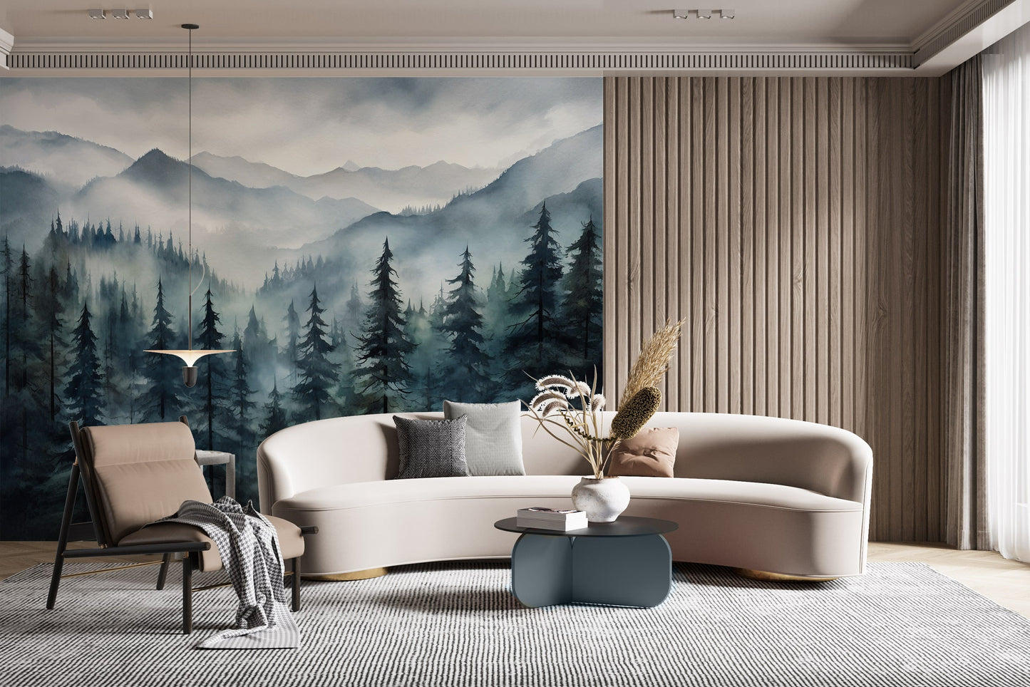 Self-Adhesive Watercolor Woodland Mural with Misty Mountains and Forest Trees