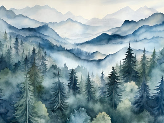 Watercolor Pine Tree Forest Peel and Stick Wallpaper for Serene Living Room Decor