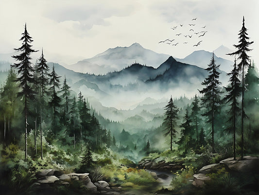 Watercolor Foggy Forest & Mountain Wallpaper - Tranquil Wall Mural