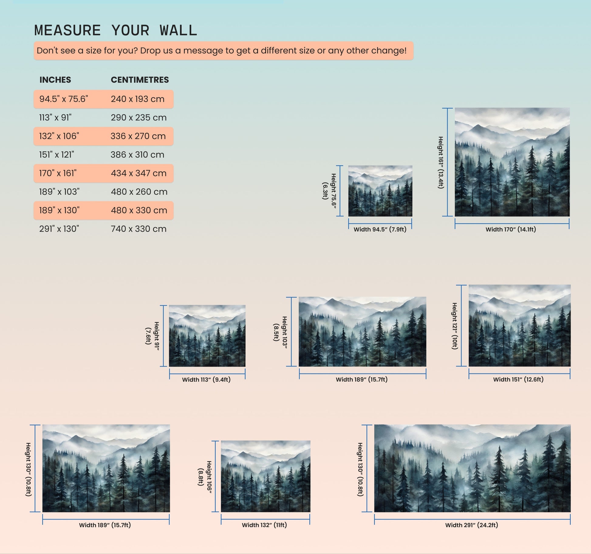 Easy-to-Apply Misty Forest Mural with Serene Watercolor Design