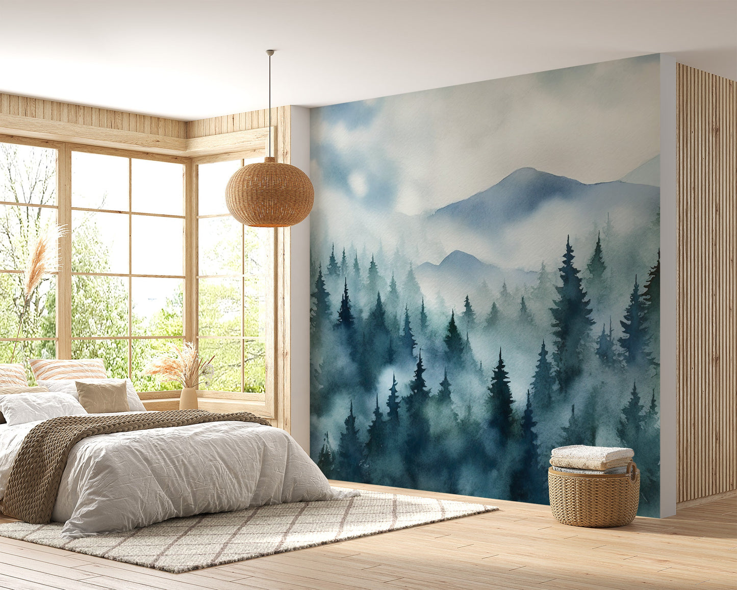 PVC-Free Watercolor Misty Forest Wall Covering for Sustainable Home Decor