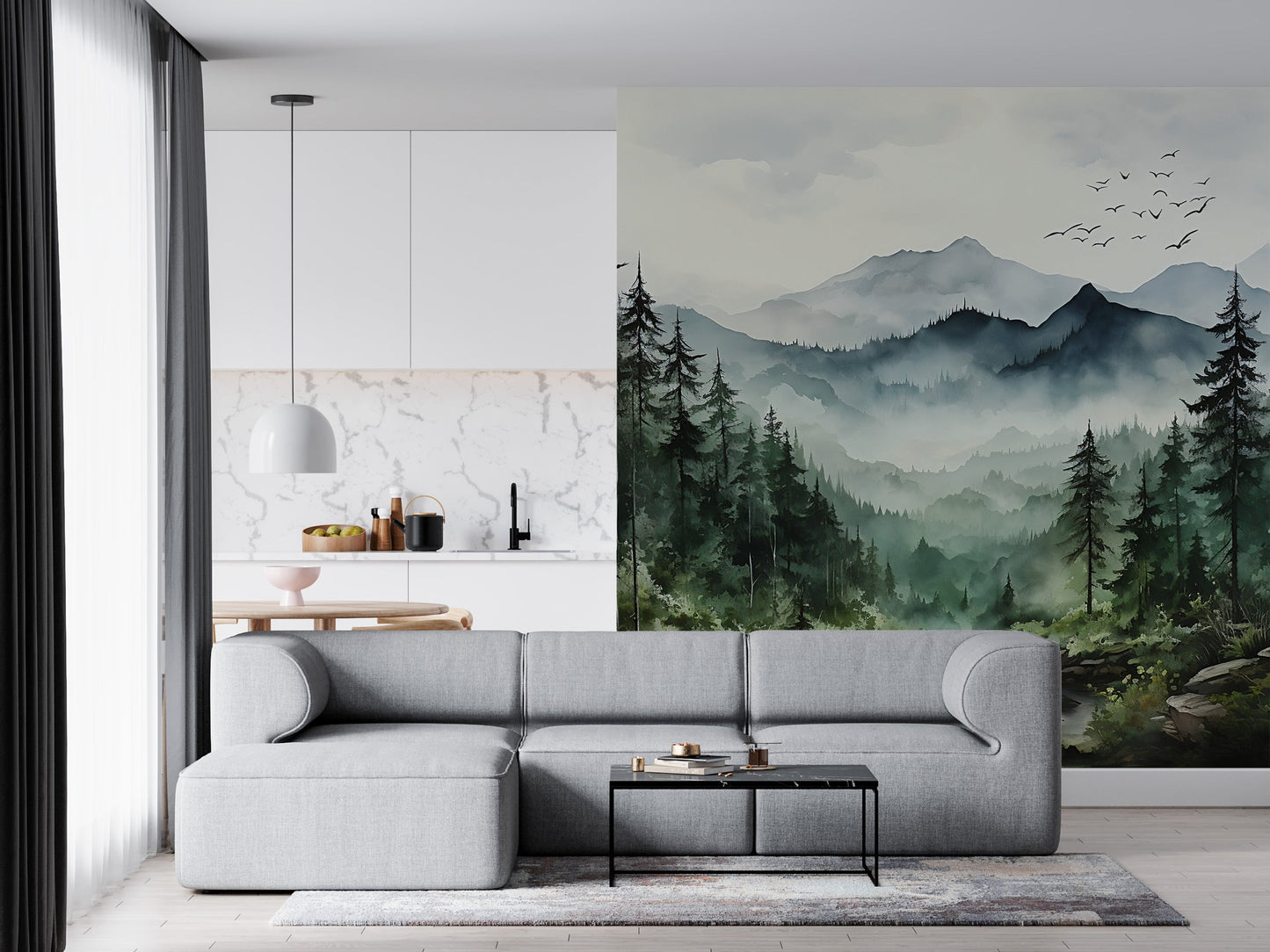 Temporary Watercolor Wall Covering - Serene Living Room Decor