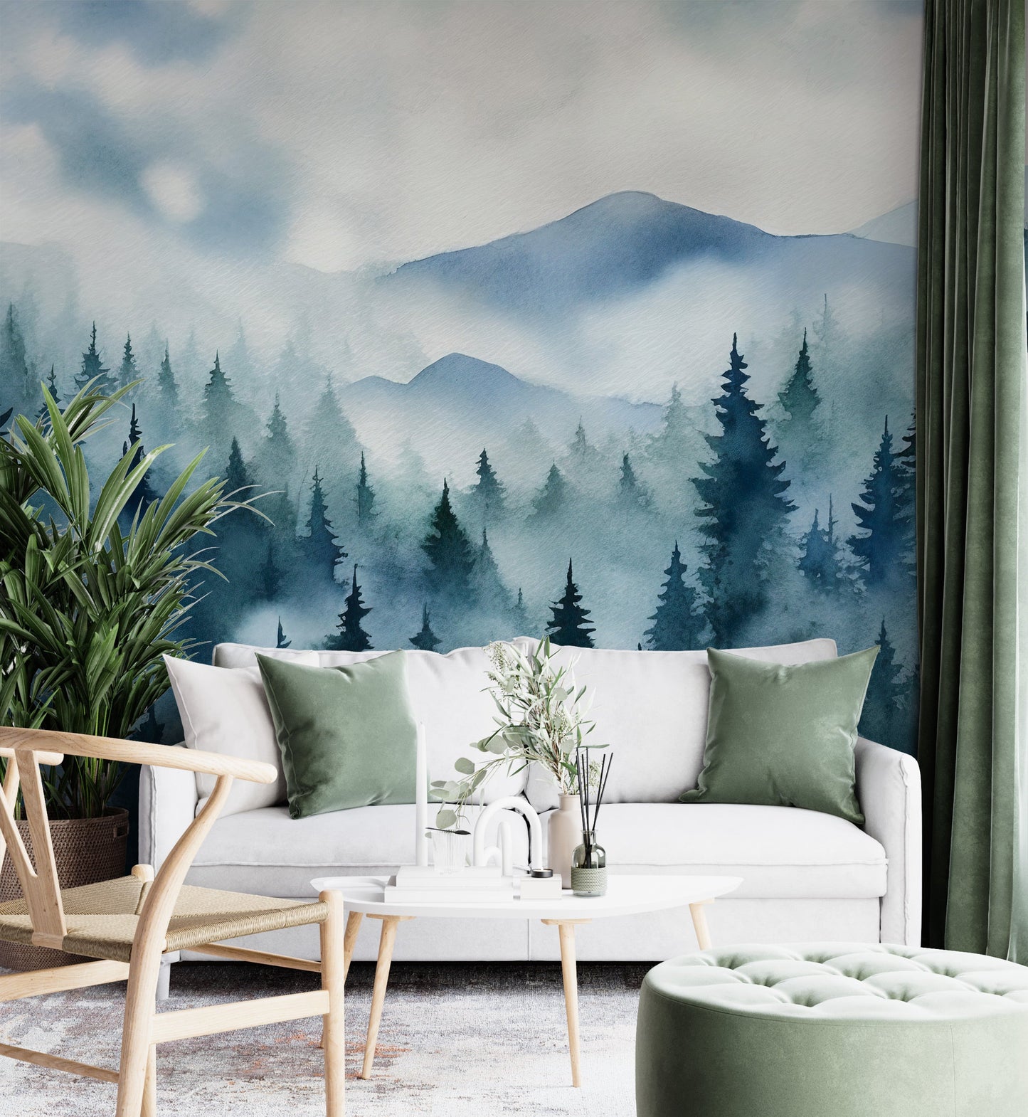 Eco-Friendly Watercolor Misty Forest Wallpaper for Serene Home Decor