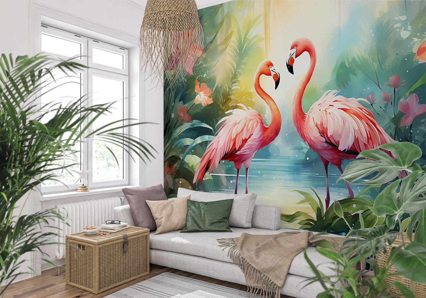Miami Style Wall Art with Watercolor Flamingo Patterns