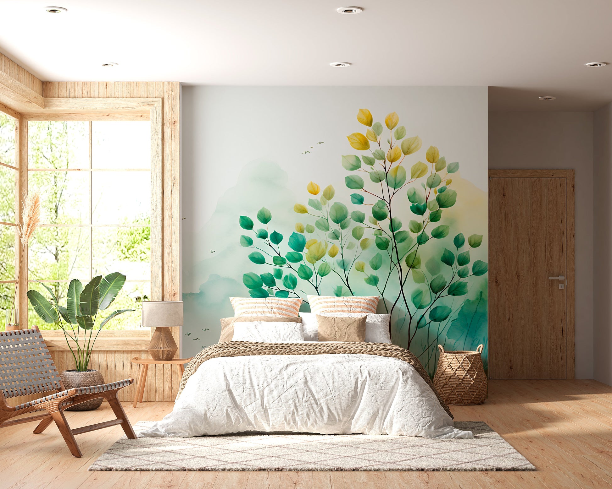 Watercolor Plant Mural in Minimalist Style