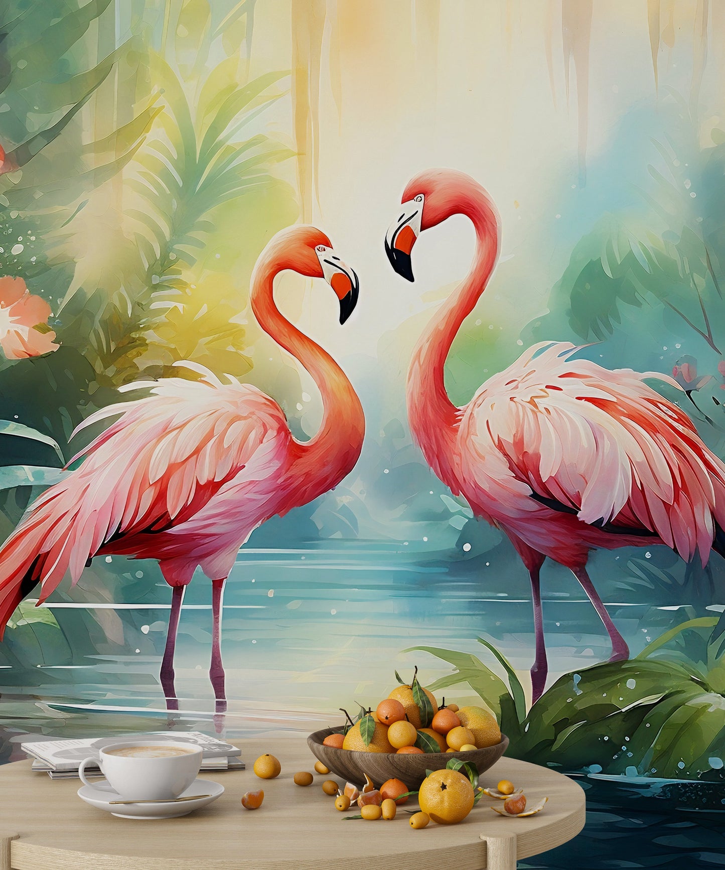 Vibrant Watercolor Flamingo Wall Covering for Stylish Interiors