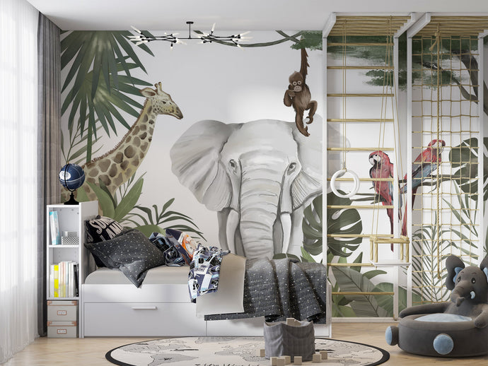 Safari Animals Wallpaper featuring Giraffes and Elephants for Kids' Room Decor
