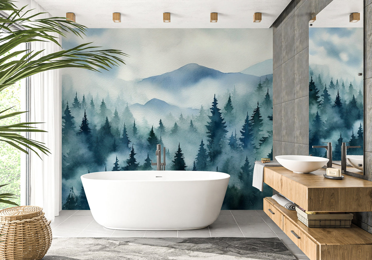 Misty Forest Wallpaper with Serene Watercolor Design for Calming Ambiance
