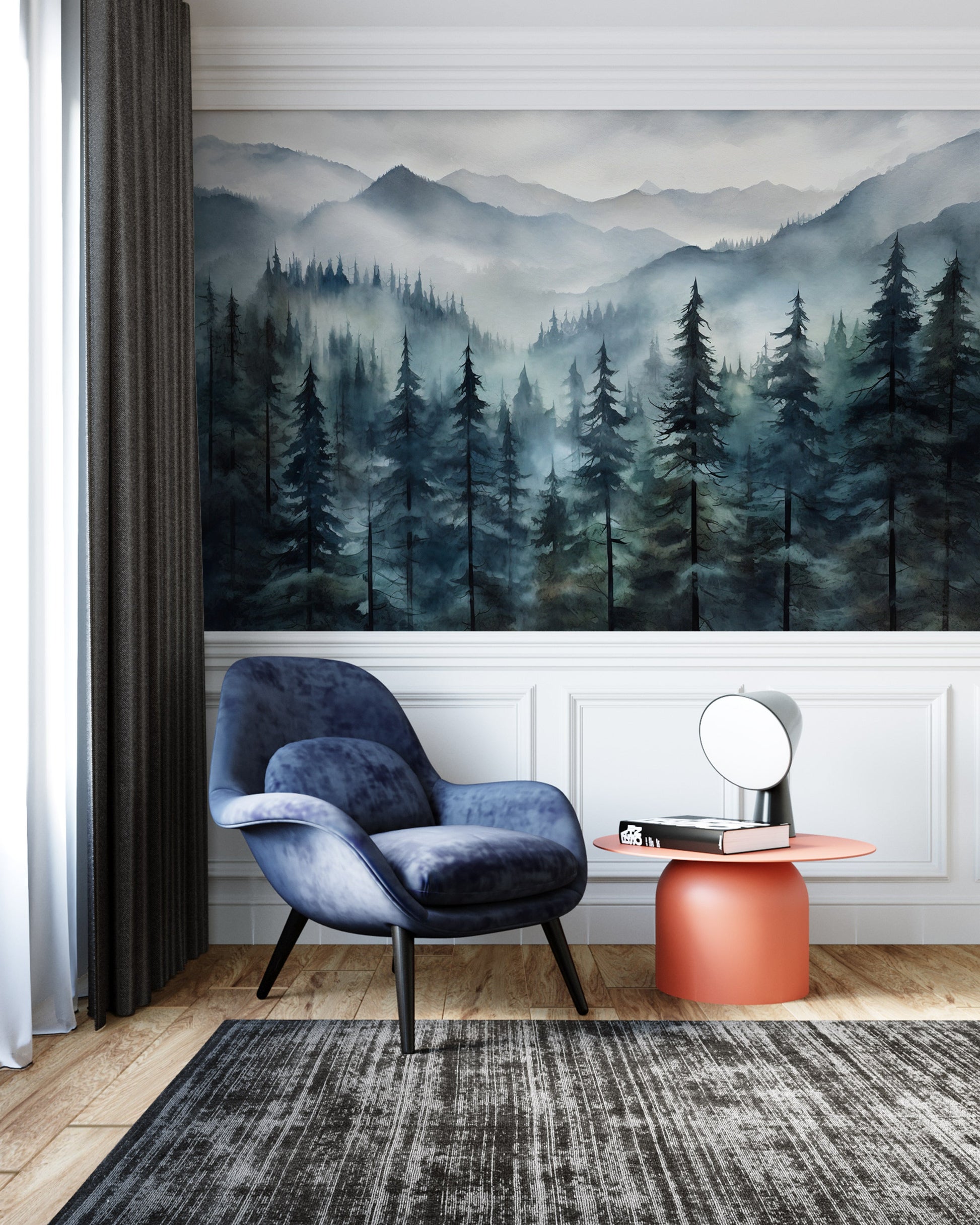 Removable Wall Decal depicting a Tranquil Misty Forest Scene