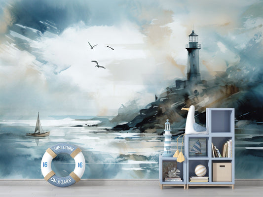 Watercolor Nautical Lighthouse Mural