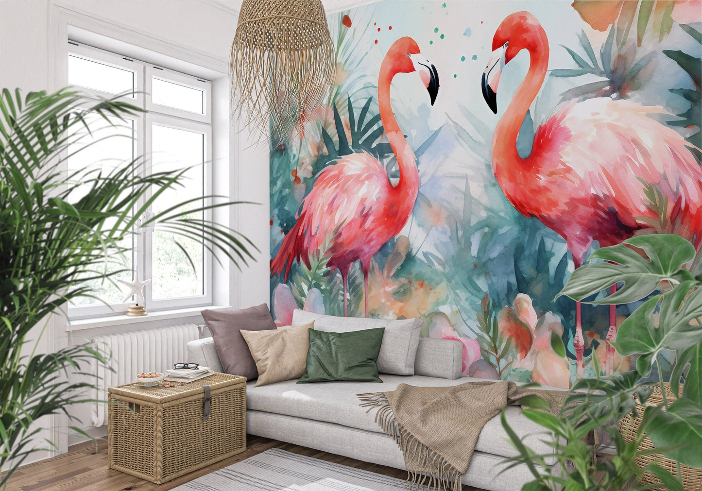Watercolor Tropical Flamingo Mural