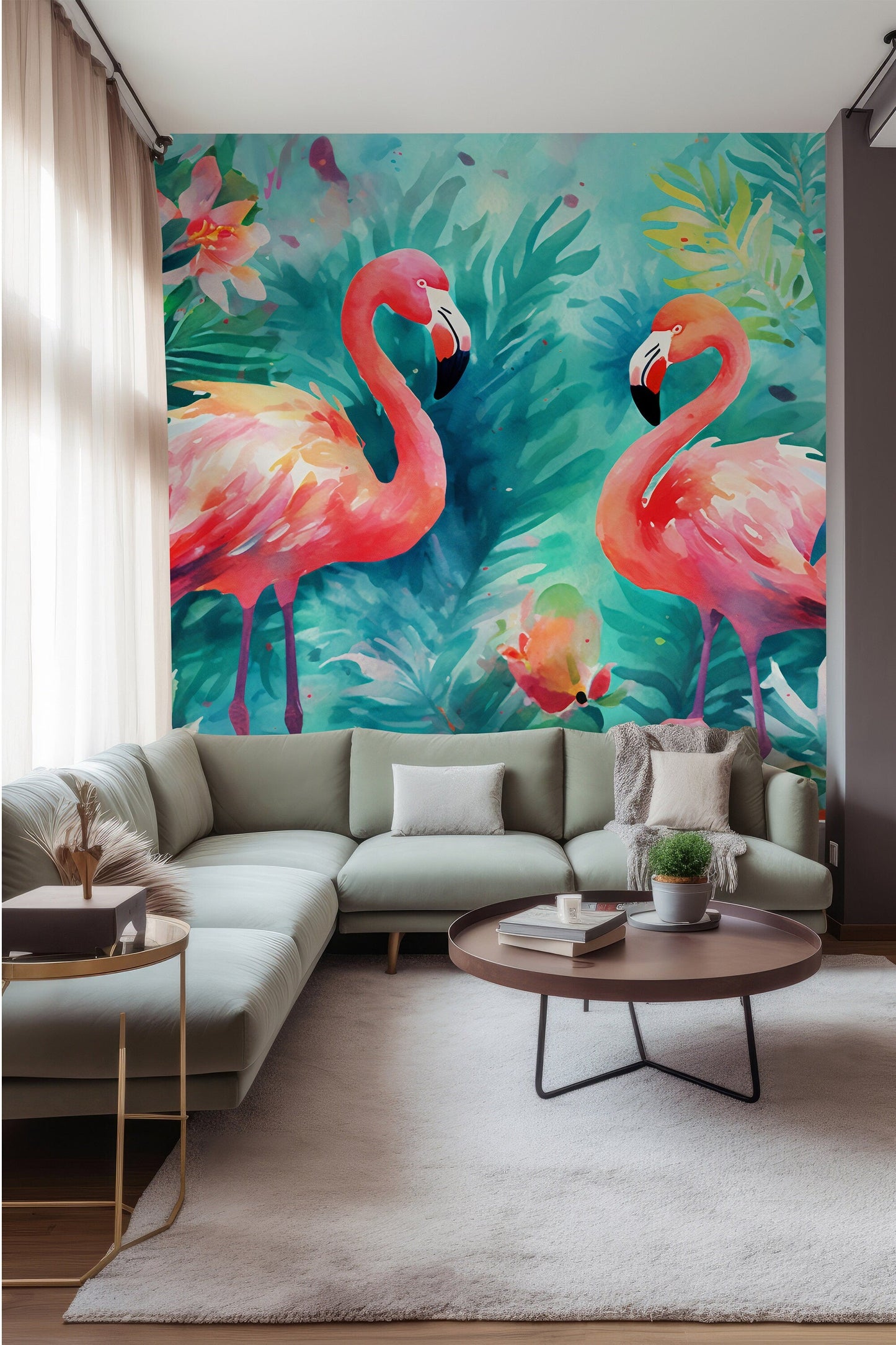 Colorful Flamingo Watercolor Painting Mural