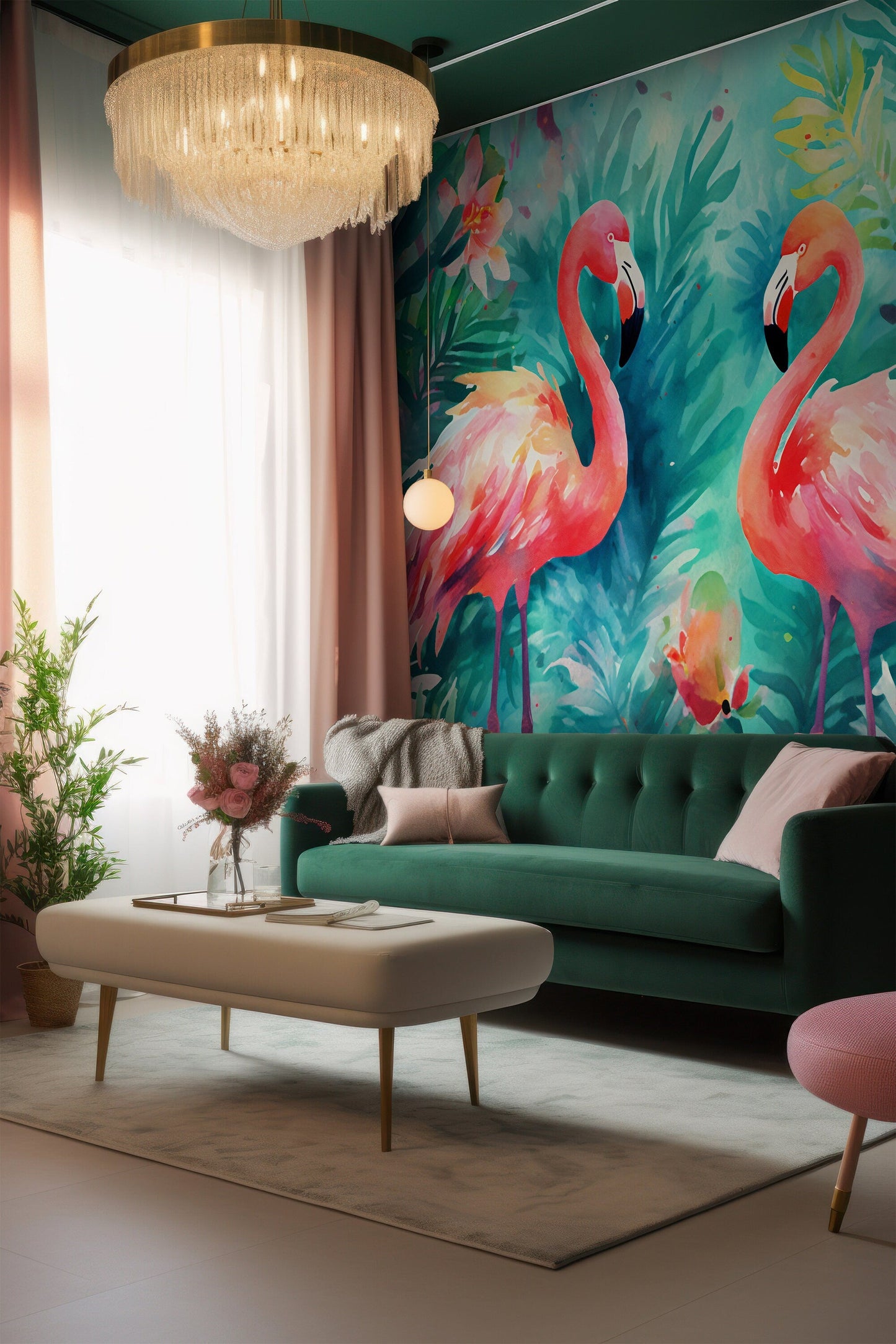 Colorful Flamingo Watercolor Painting Mural