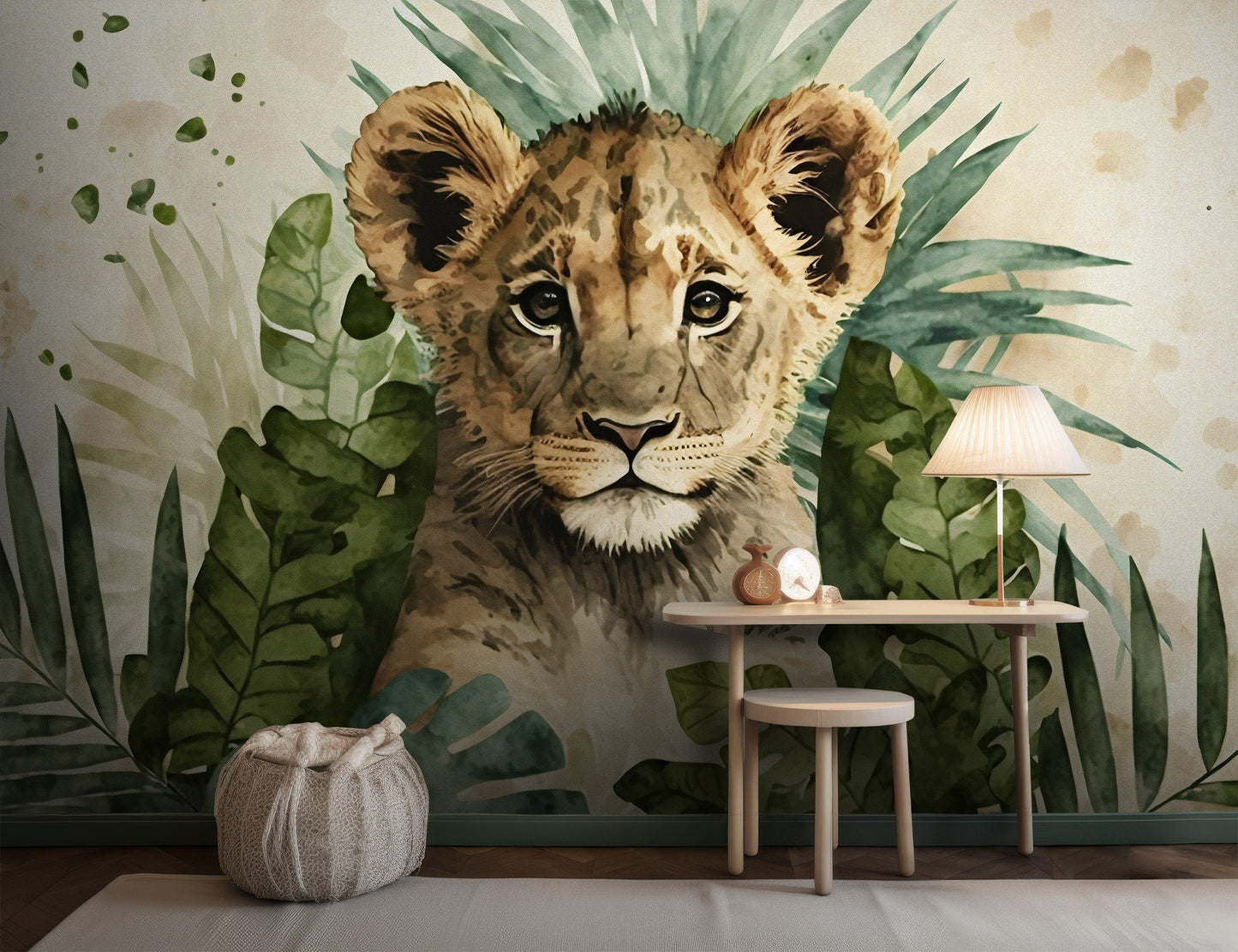 Watercolor Baby Lion Cub Mural