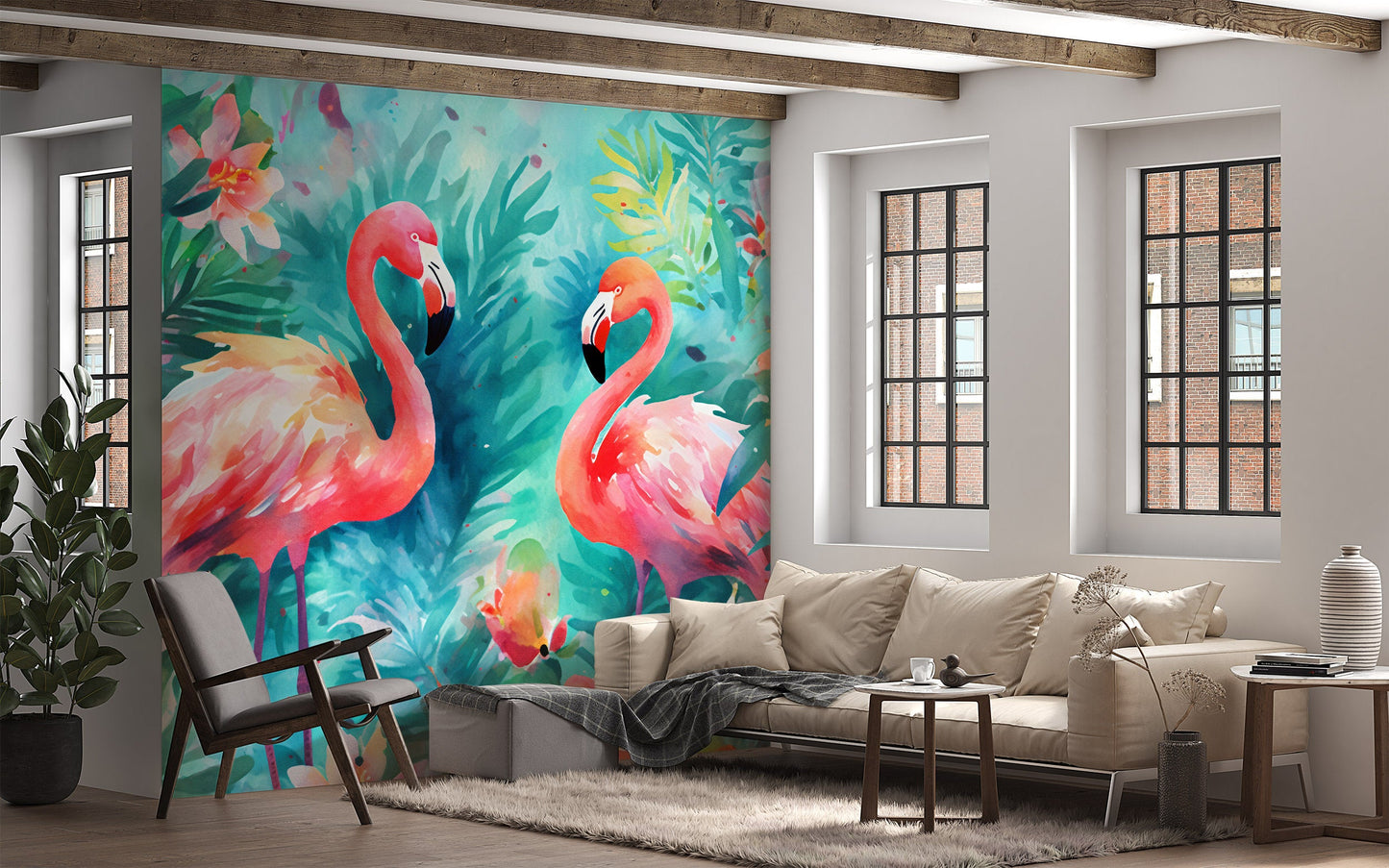 Colorful Flamingo Watercolor Painting Mural