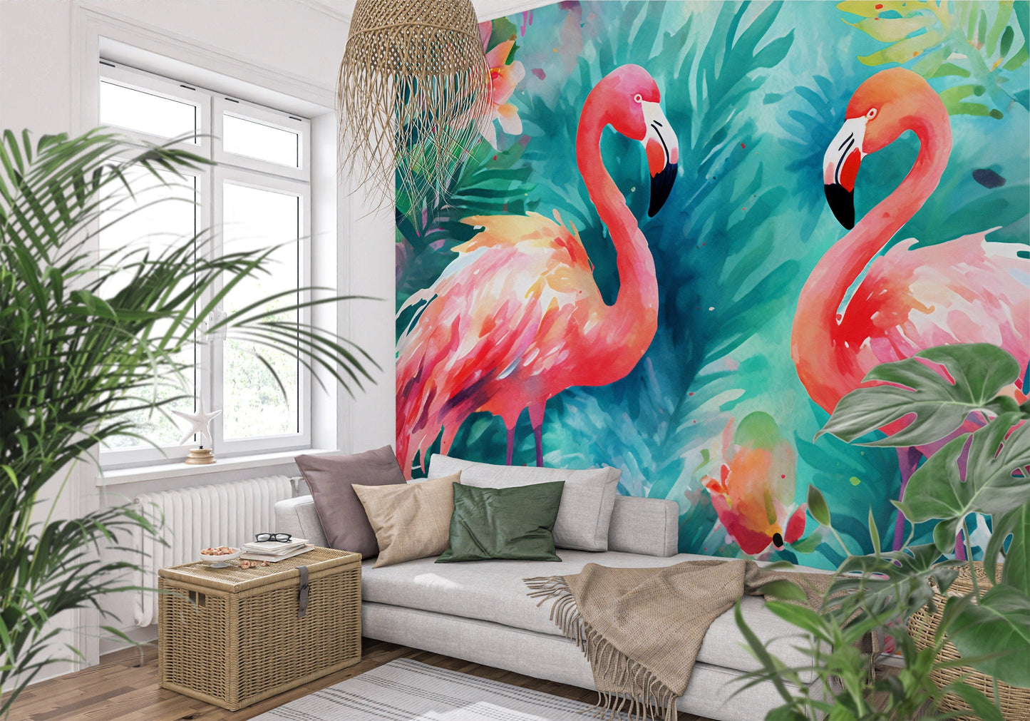 Colorful Flamingo Watercolor Painting Mural
