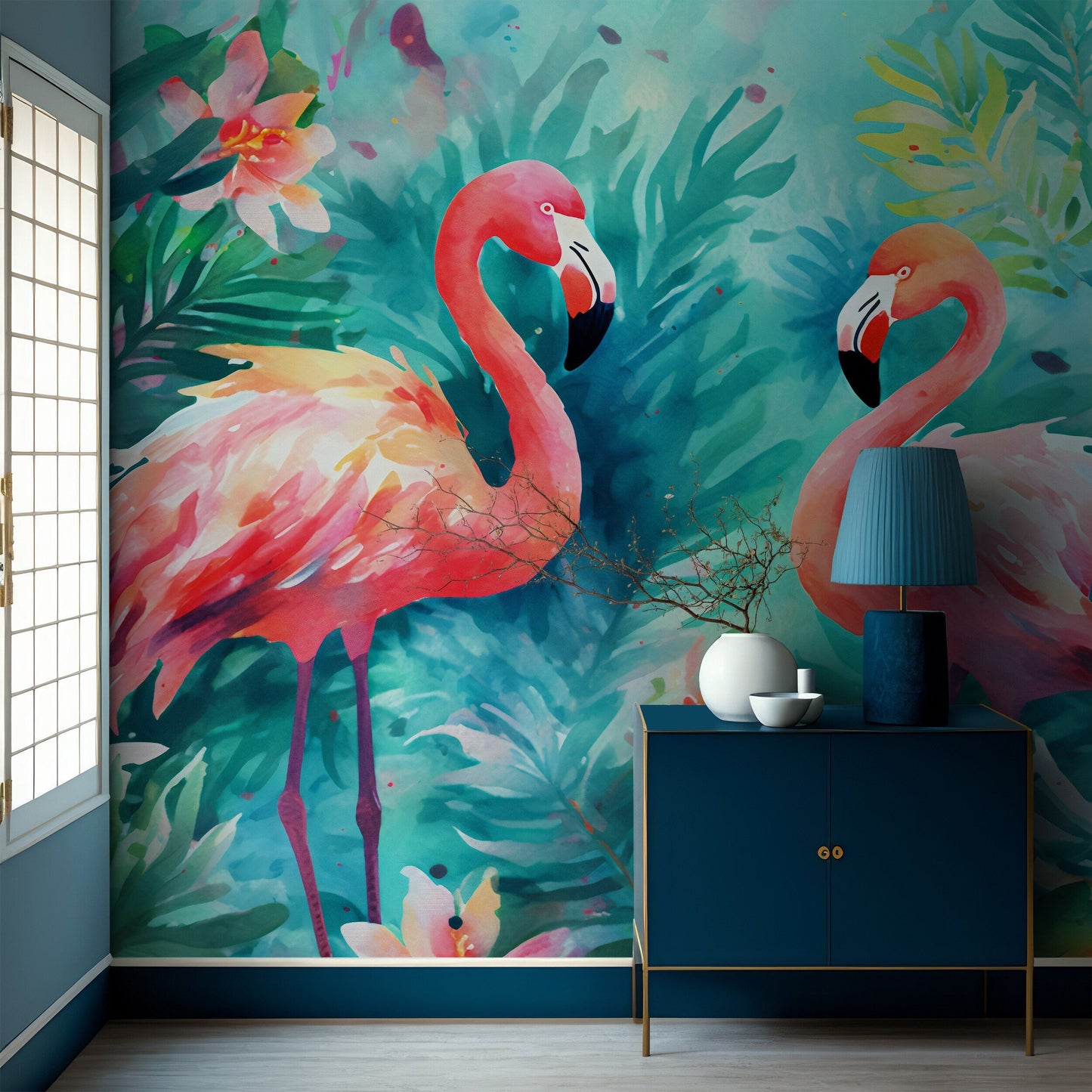 Colorful Flamingo Watercolor Painting Mural