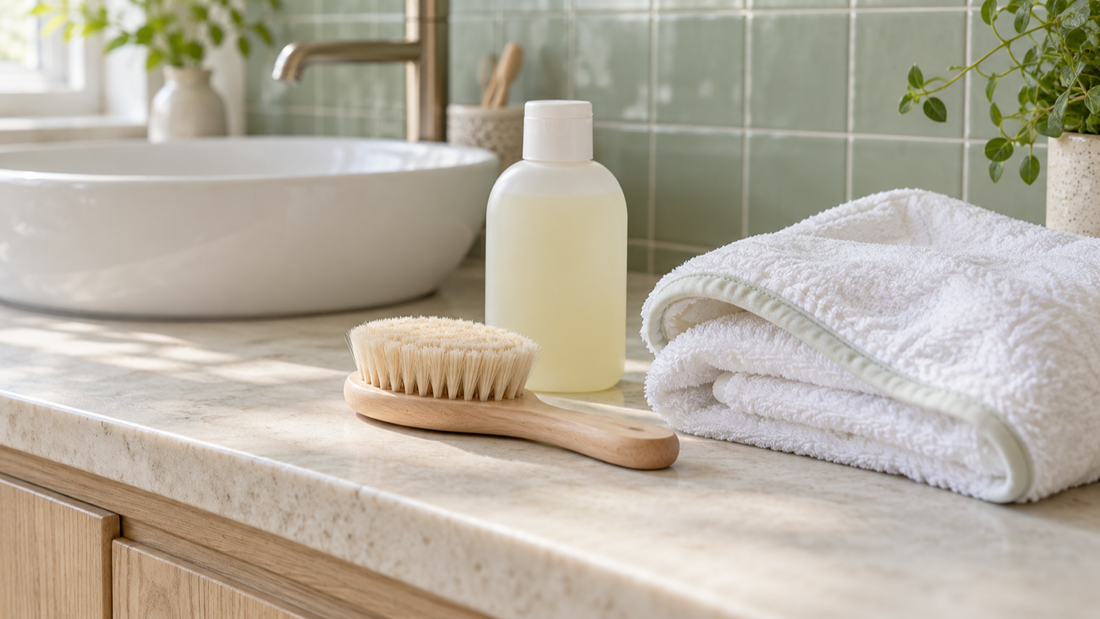 A soft baby hairbrush, plain shampoo bottle and folded white towel on a sage-green bathroom counter.