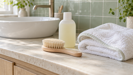 A soft baby hairbrush, plain shampoo bottle and folded white towel on a sage-green bathroom counter.
