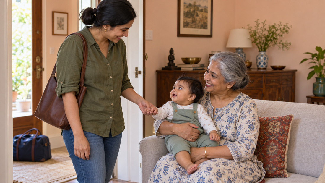 A mother saying goodbye while a familiar grandmother securely holds her awake baby in a peach-colored sitting room.