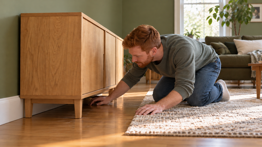 A red-haired parent kneeling to check the living-room floor beneath a low wooden cabinet.