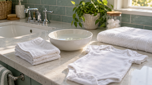 Clean cotton cloths and a bowl of water on a white tiled counter in a sea-green bathroom.