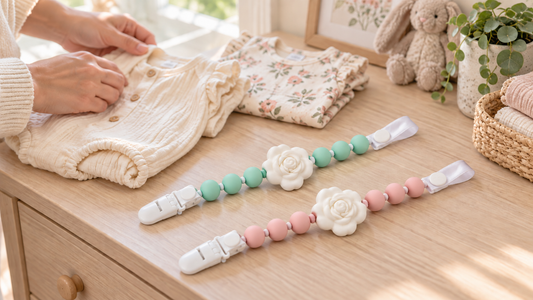 Illustrative lifestyle scene of mint and pink floral pacifier holders beside baby clothes as a parent prepares an outfit.