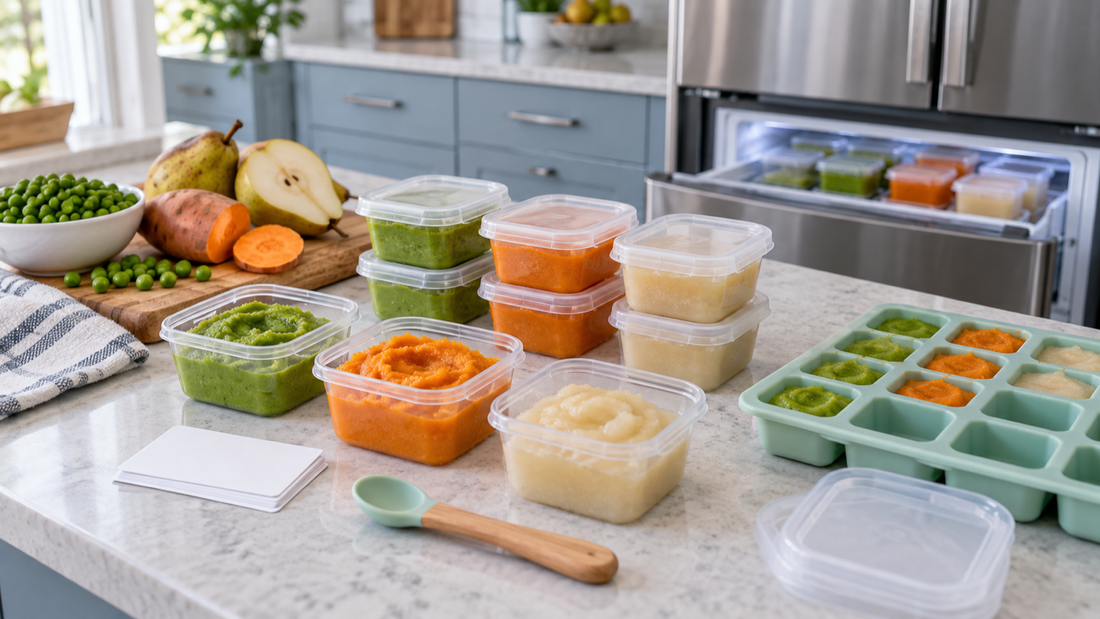 Small covered baby-food portions and colorful purees being organized on a clean kitchen counter near a freezer.