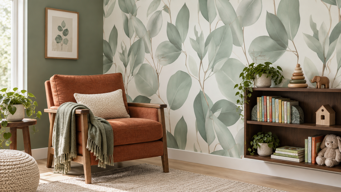 A green reading corner with eucalyptus wallpaper, a rust-colored chair and a low dark-wood bookcase.