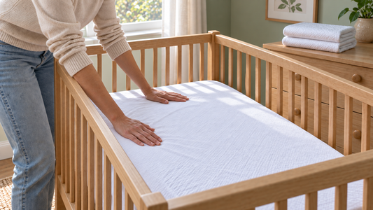 Illustrative nursery scene of a parent smoothing a white mattress protector with both hands, with folded spares on a nearby dresser.