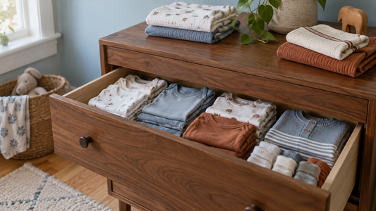 Folded baby clothes in blue, white and muted rust beside an open nursery drawer.