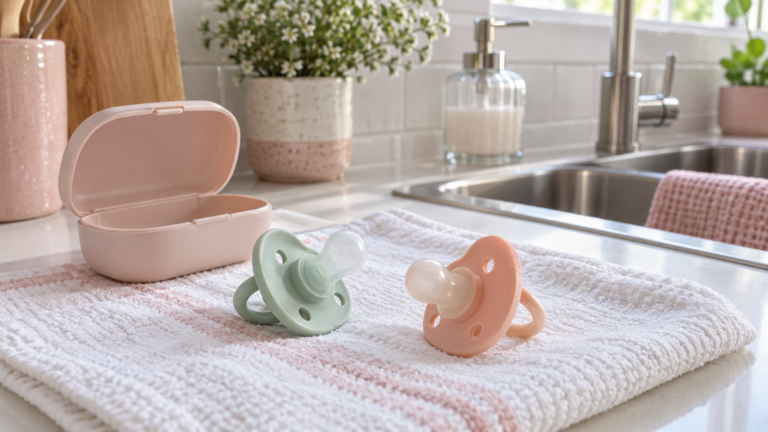 Mint and peach pacifiers drying on a clean towel beside an open storage case.