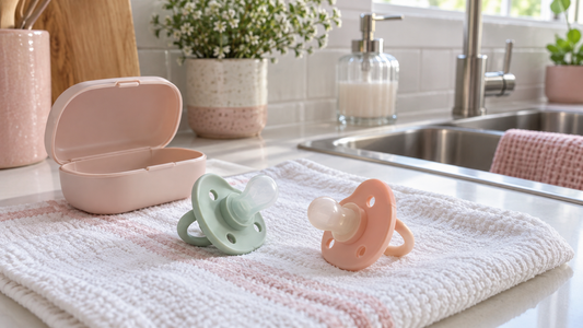 Mint and peach pacifiers drying on a clean towel beside an open storage case.