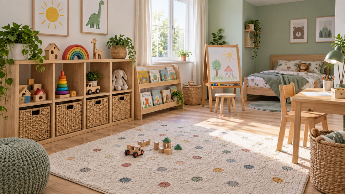 Illustrative bright child’s room with toy baskets, a reading shelf, drawing desk and open play area.
