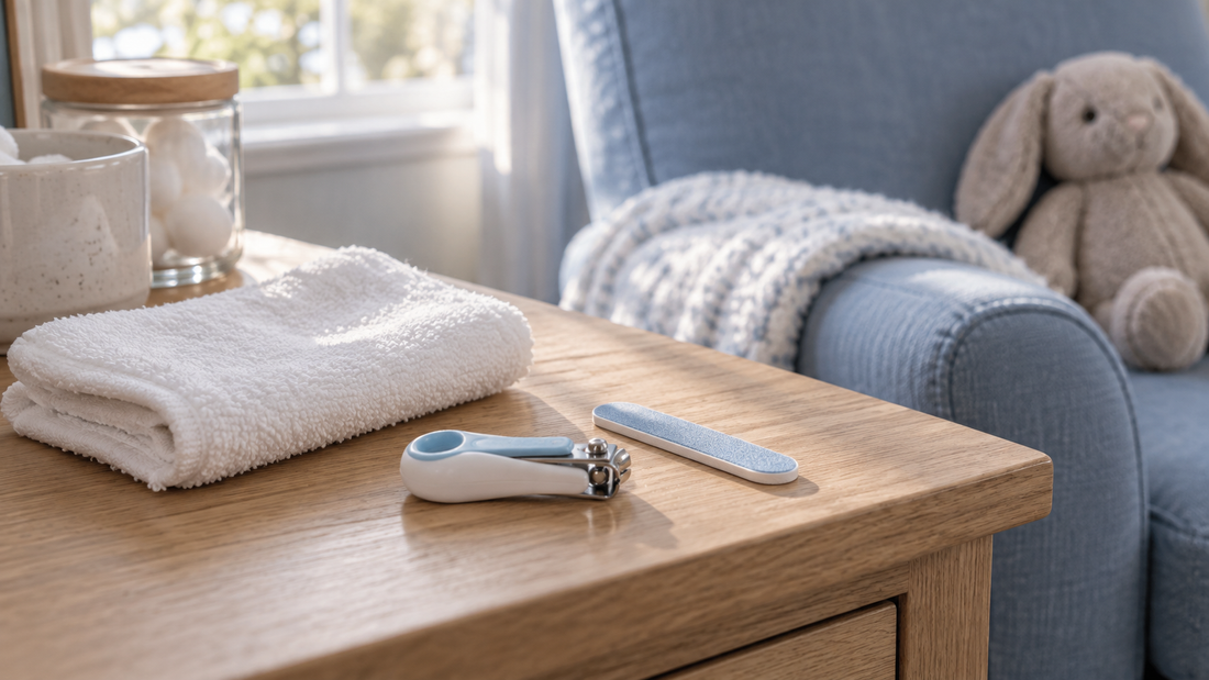 Baby nail clippers and a soft nail file on an oak table beside a blue nursery chair.