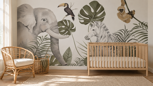 Safari nursery concept with an elephant and zebra mural, a beech crib, a rattan chair and a woven storage basket.