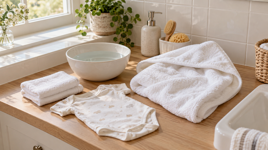 A bowl of water, folded white cloths and a hooded towel prepared for a newborn bath.