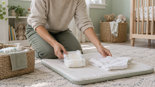 An adult preparing a fresh diaper and clean cloth on a changing mat on the floor.