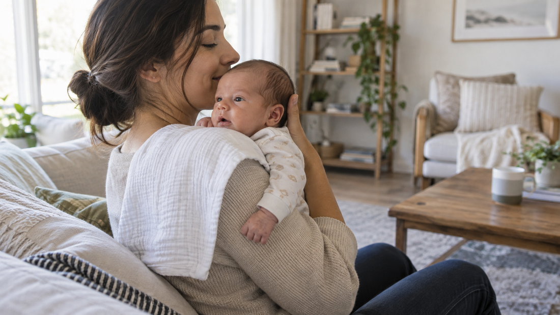 A mother supporting an awake newborn upright against her shoulder with a plain burp cloth.