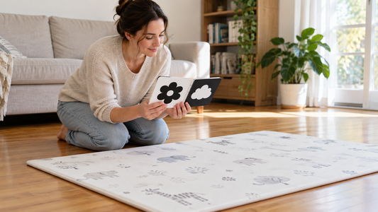 A parent preparing a thin play mat and a baby board book on a bright living room floor.