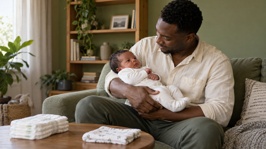 A father holding his awake newborn in a green living room with clean care supplies nearby.