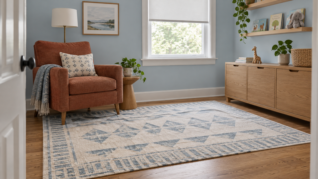 A pale blue nursery sitting area with a flat patterned rug, rust-colored chair and oak storage.
