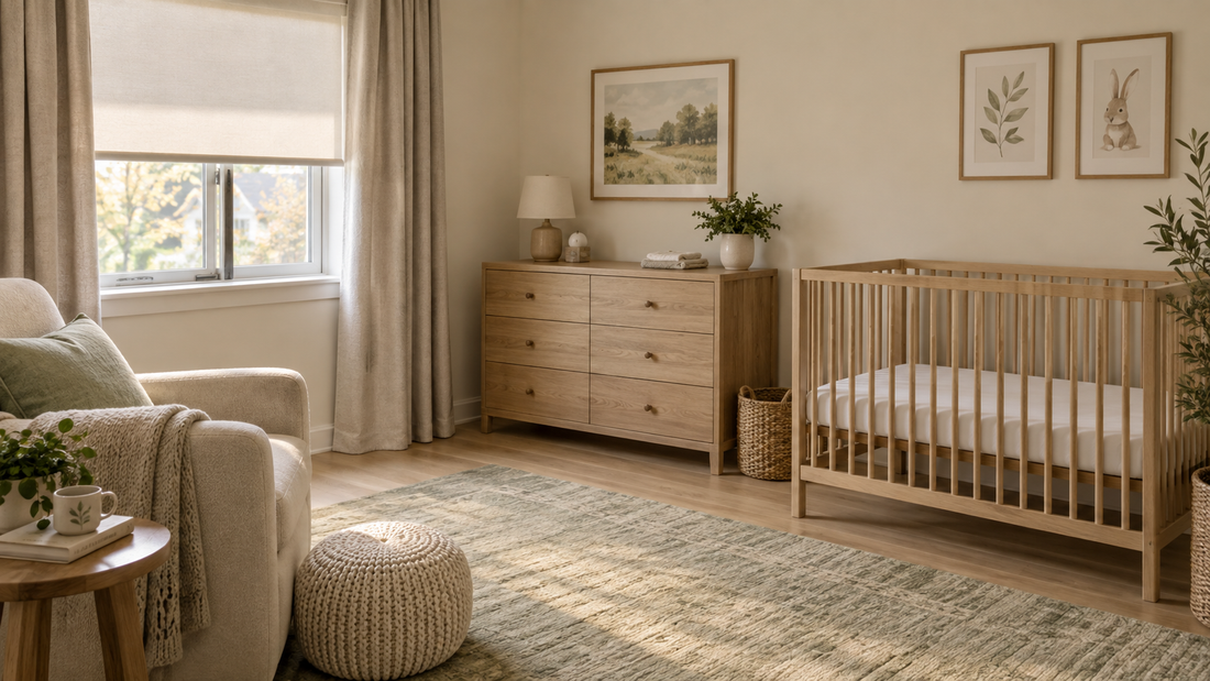 Nursery with natural wood furniture, soft daylight, neutral curtains and a cordless window shade.