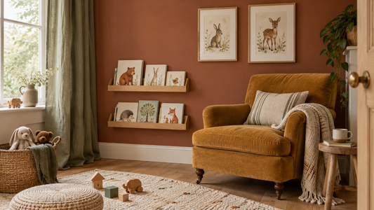 A terracotta nursery reading corner with two simple framed animal prints beside an ochre chair and oak book ledges.