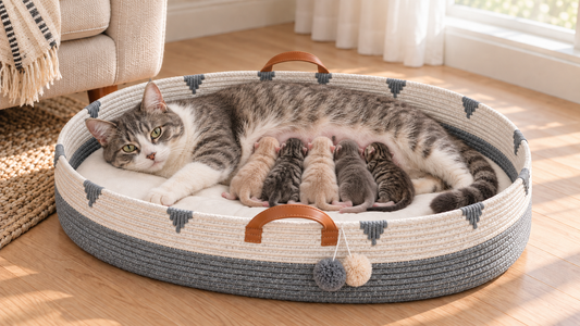 A gray-and-white mother cat nursing five tiny kittens in an oval cotton-rope basket with tan handles centered on its long sides and gray and ivory pompoms.