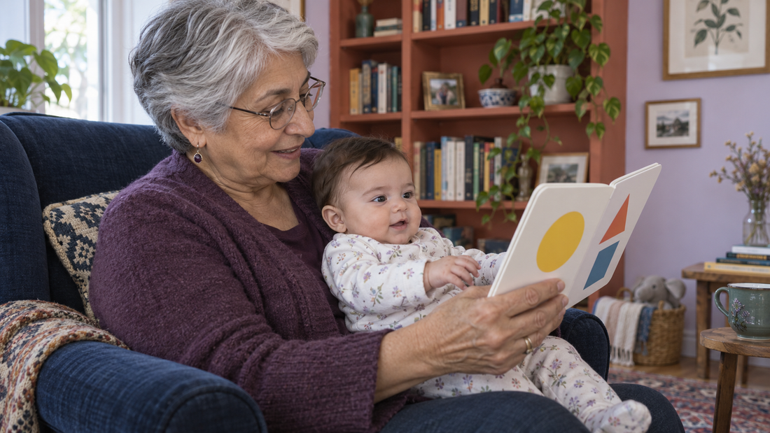 A grandmother sharing a picture book with an awake baby in a navy chair beside a colorful bookcase.