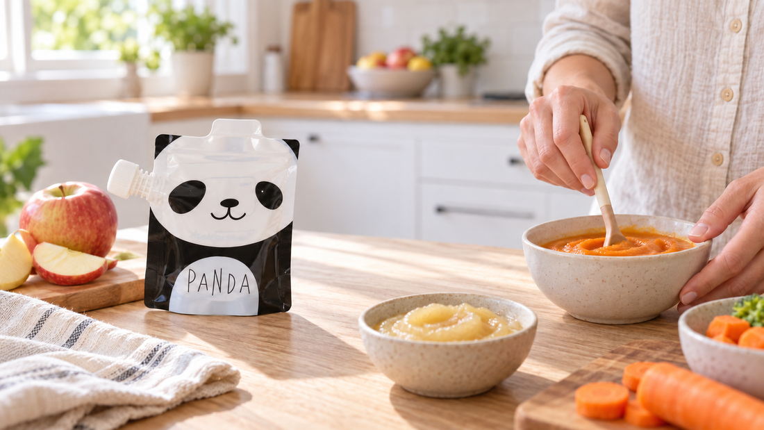 Illustrative kitchen scene with a panda food pouch and bowls of puree as a parent prepares a snack.